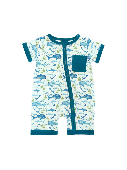 Shark Friends Bamboo Baby Shortie Romper Jumpsuit: Blue/Multi / 0-3M