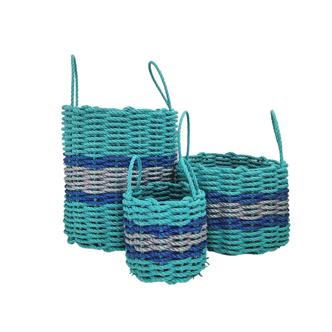 Authentic Maine Lobster Rope Storage Basket Teal and Light Gray with Blue Accents