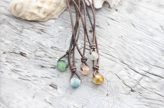 Recycled Sea Glass Leather Drop Necklace: 20" / Blue / Assortment