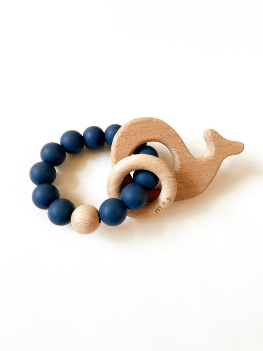 Whale Teether-Silicone and Beech Wood: Navy