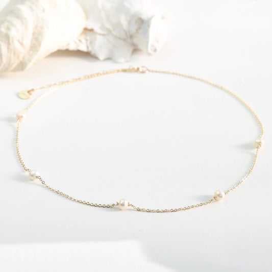 Dainty Surfer Five Pearl Choker Necklace - Gold Filled