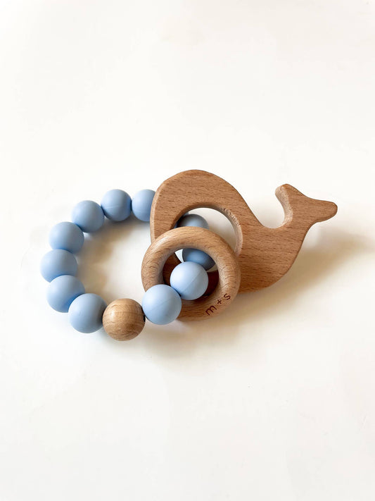 Whale Teether-Silicone and Beech Wood - Powder Blue