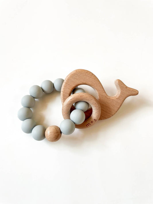 Whale Teether-Silicone and Beech Wood - Silver